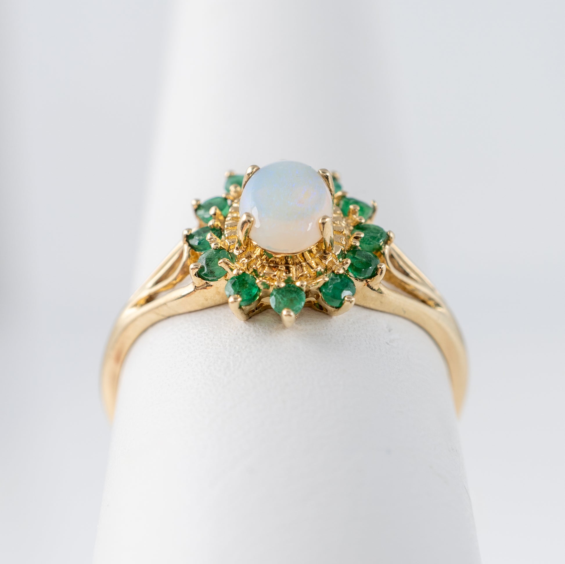 9ct yellow gold ring with opal and emerald floral design, size s - hunters fine jewellery