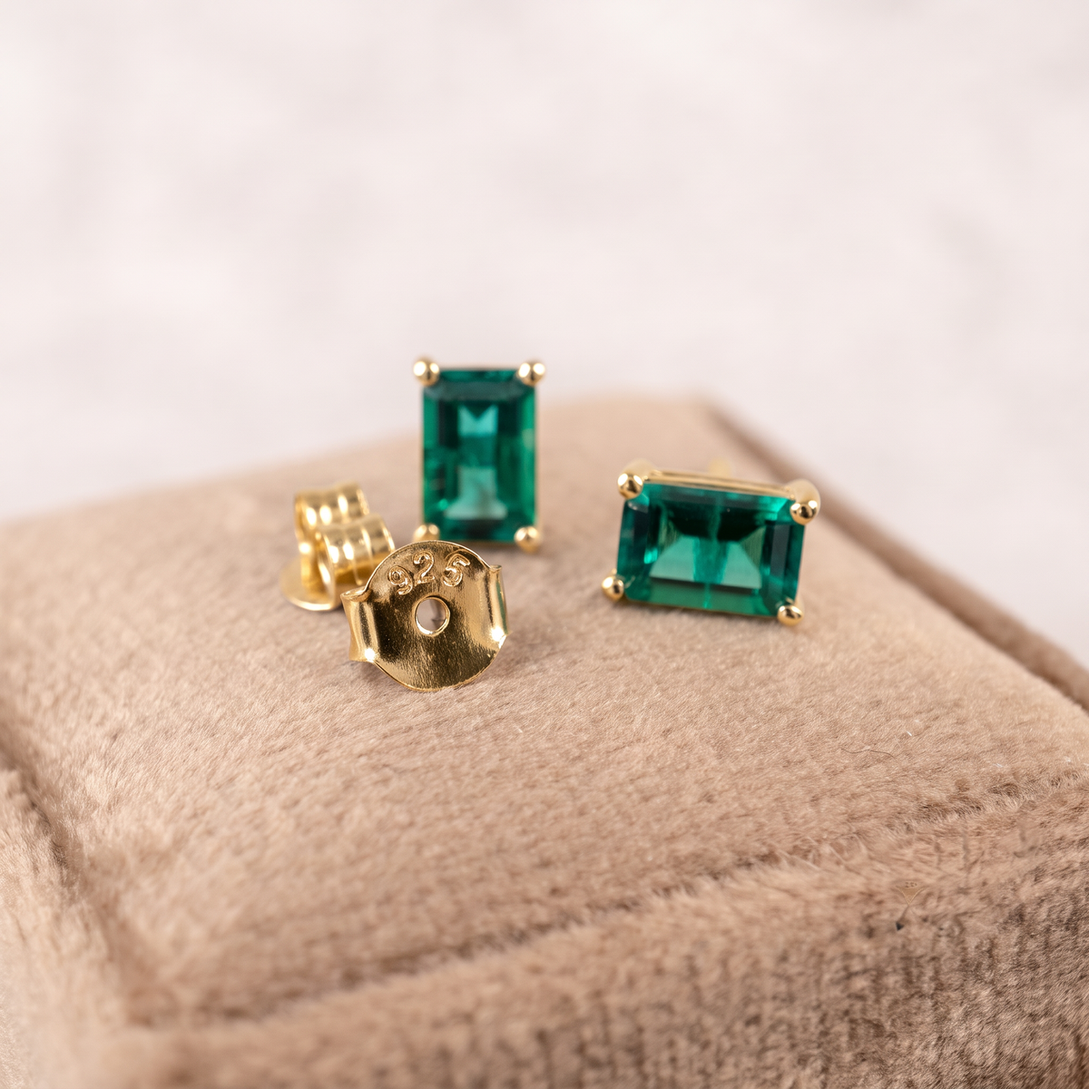 Gold Plated Emerald Stud Earrings – Rectangle Cut
