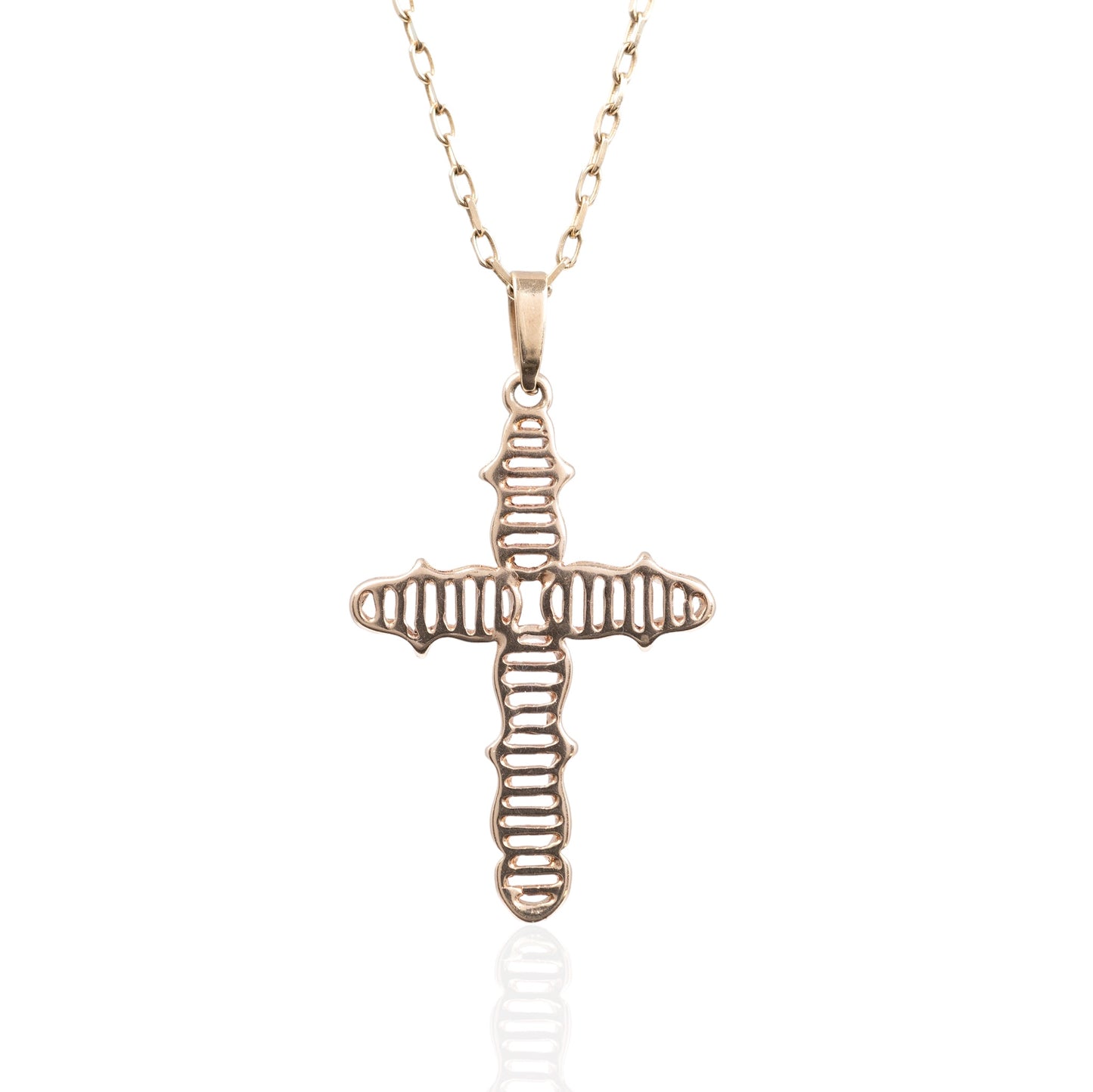 Front view of 9ct gold crucifix pendant with cable chain