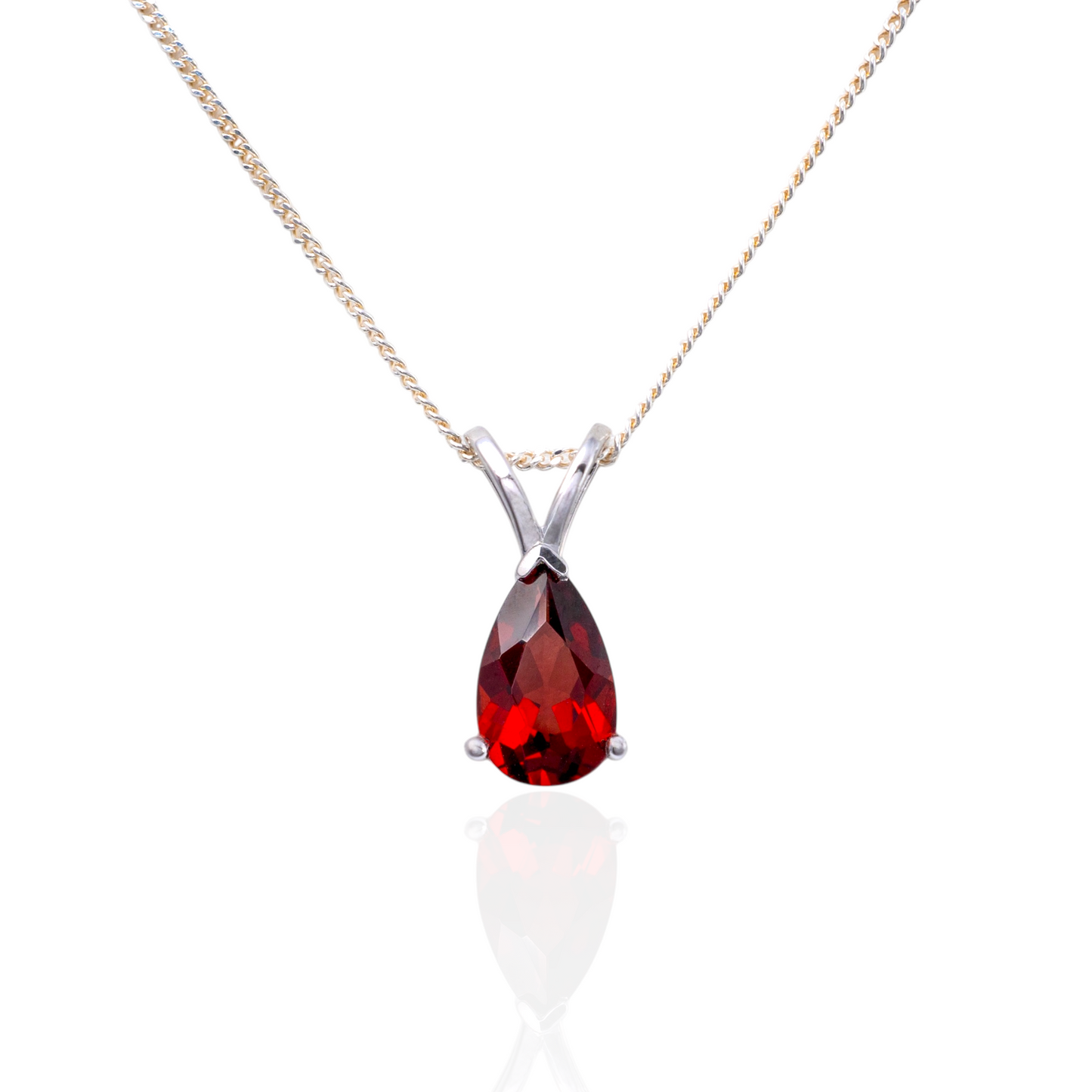 garnet teardrop necklace in sterling silver – front view