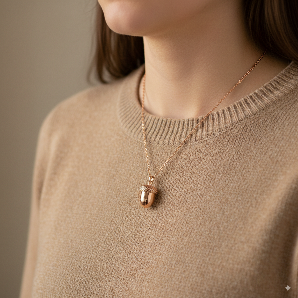 woman wearing a rose gold acorn pendant against a neutral background
