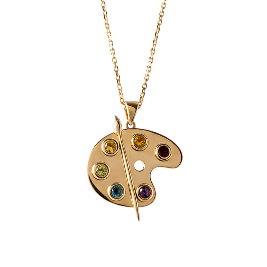 Gold artist palette pendant with gemstones in vibrant colours