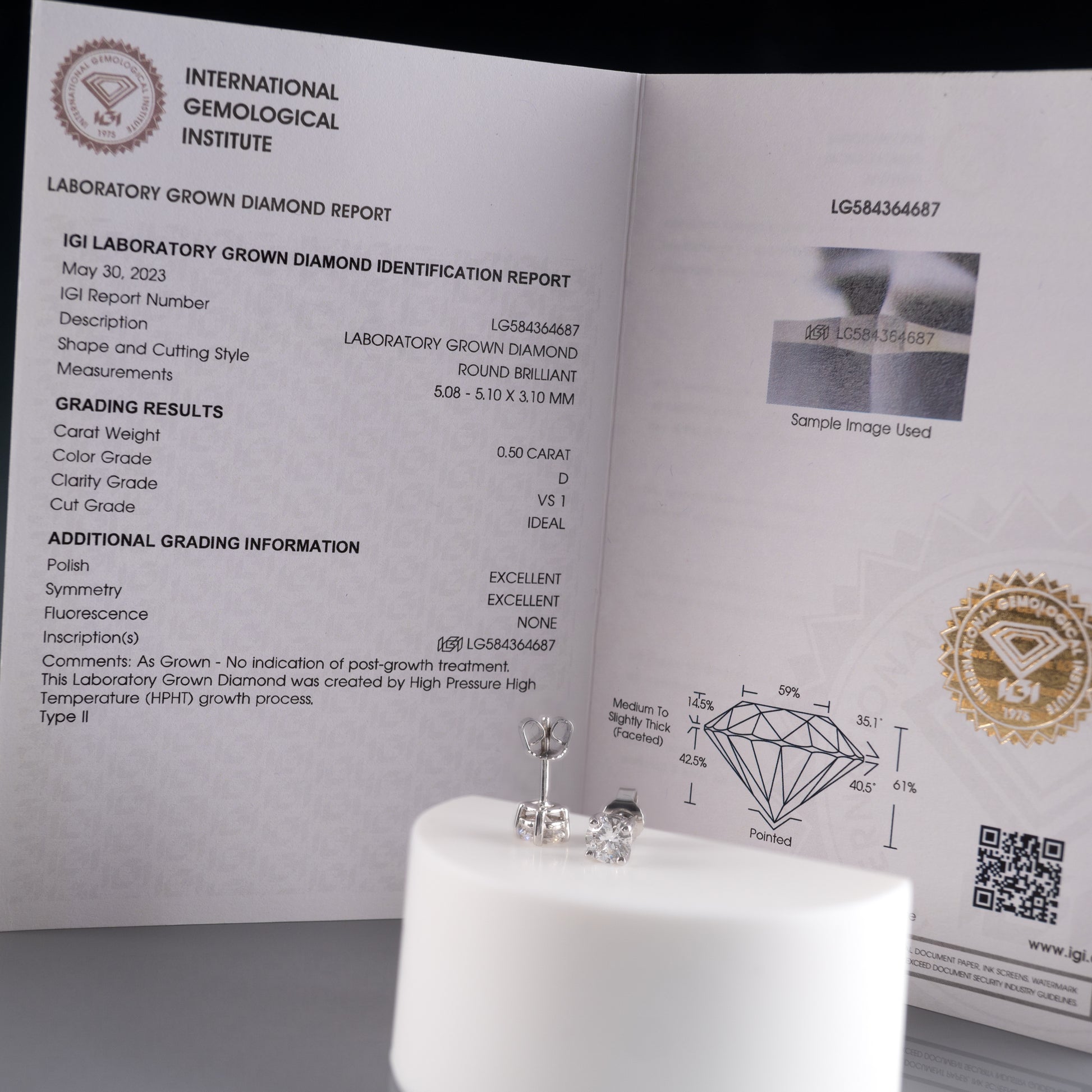 IGI Certified 1 Carat Lab Diamond Stud Earrings 18k White Gold Hallmarked - Hunters Fine Jewellery