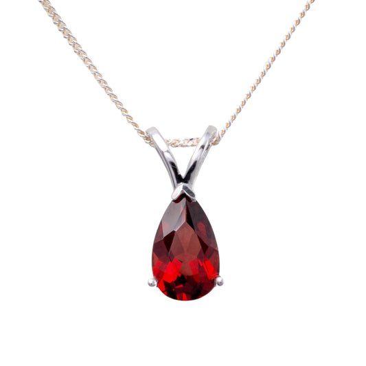 Red garnet teardrop necklace silver v bale hunters fine jewellery 