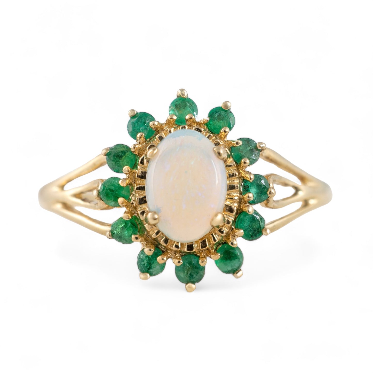 Opal emerald ring flower cluster yellow gold 
