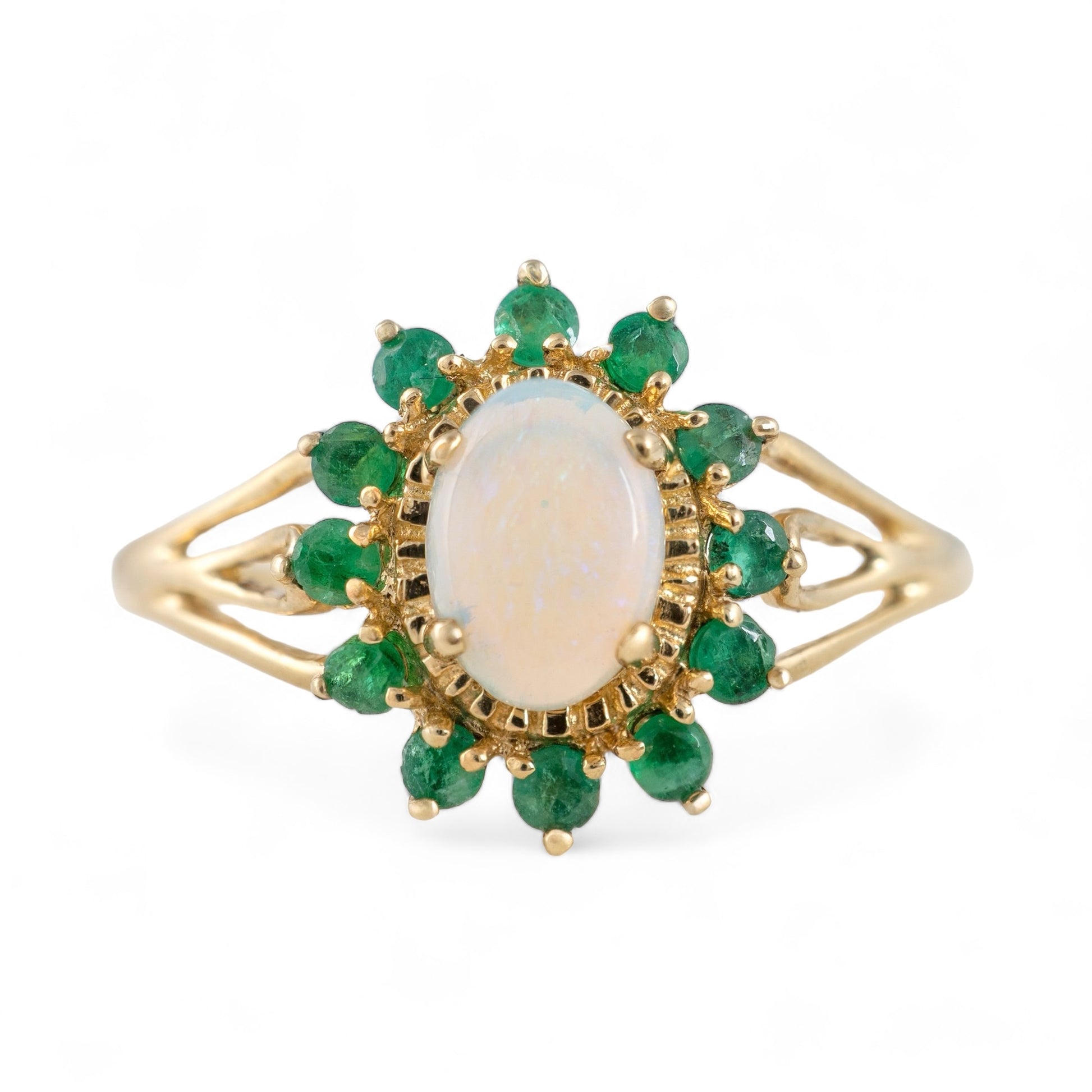 Opal emerald ring flower cluster yellow gold 