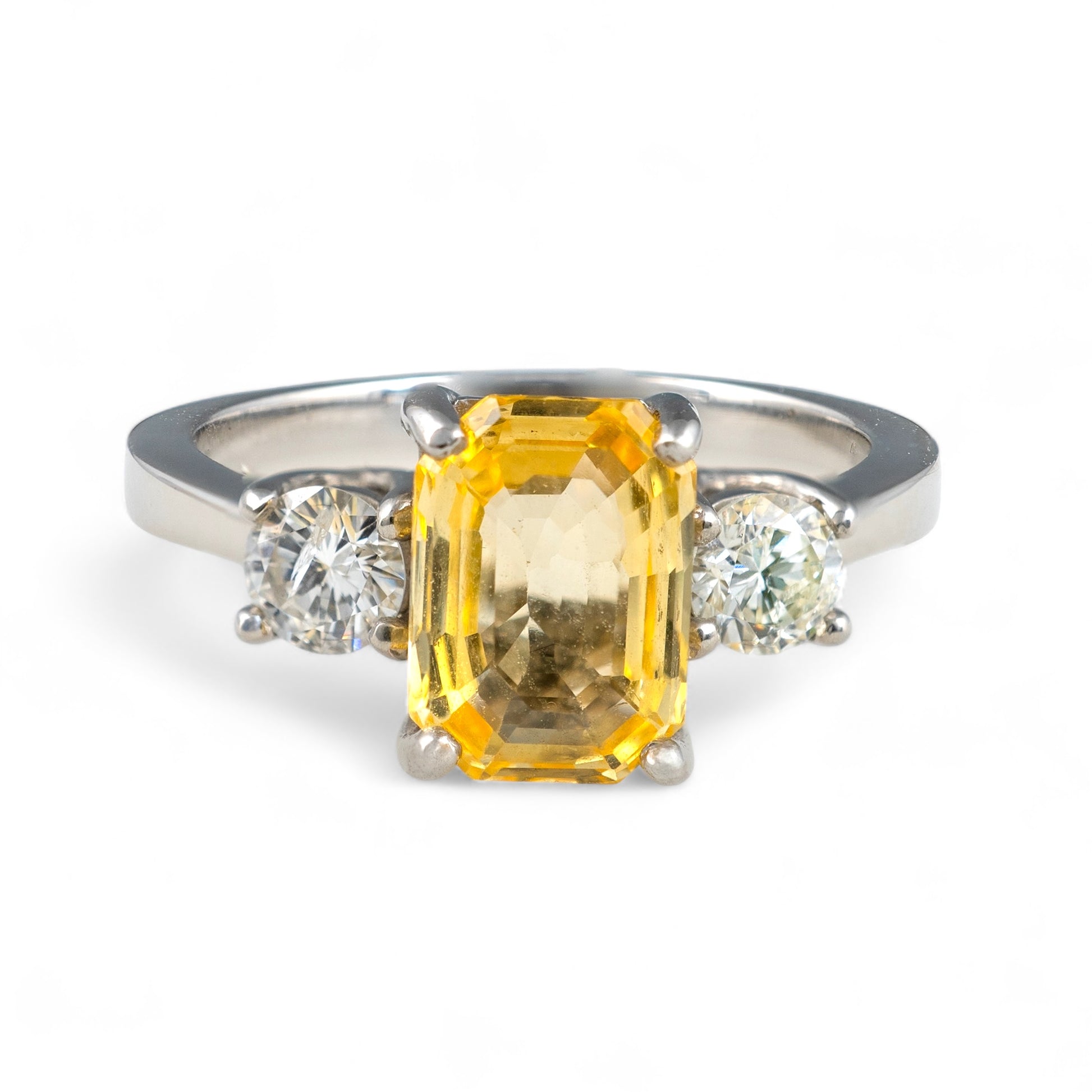 Unheated Yellow sapphire ring diamond accents three stone platinum shank