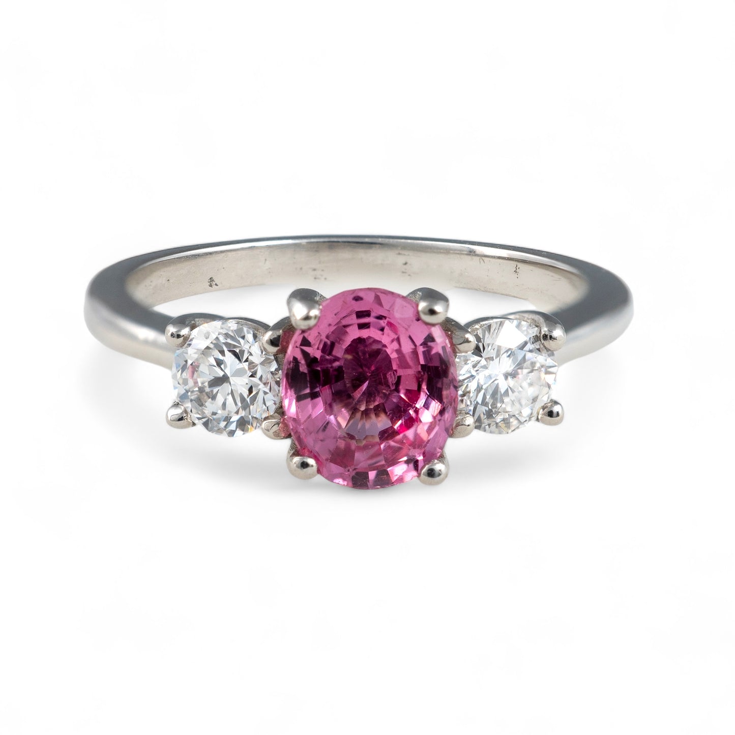 Pink sapphire ring diamond three stone platinum setting hunters fine jewellery 