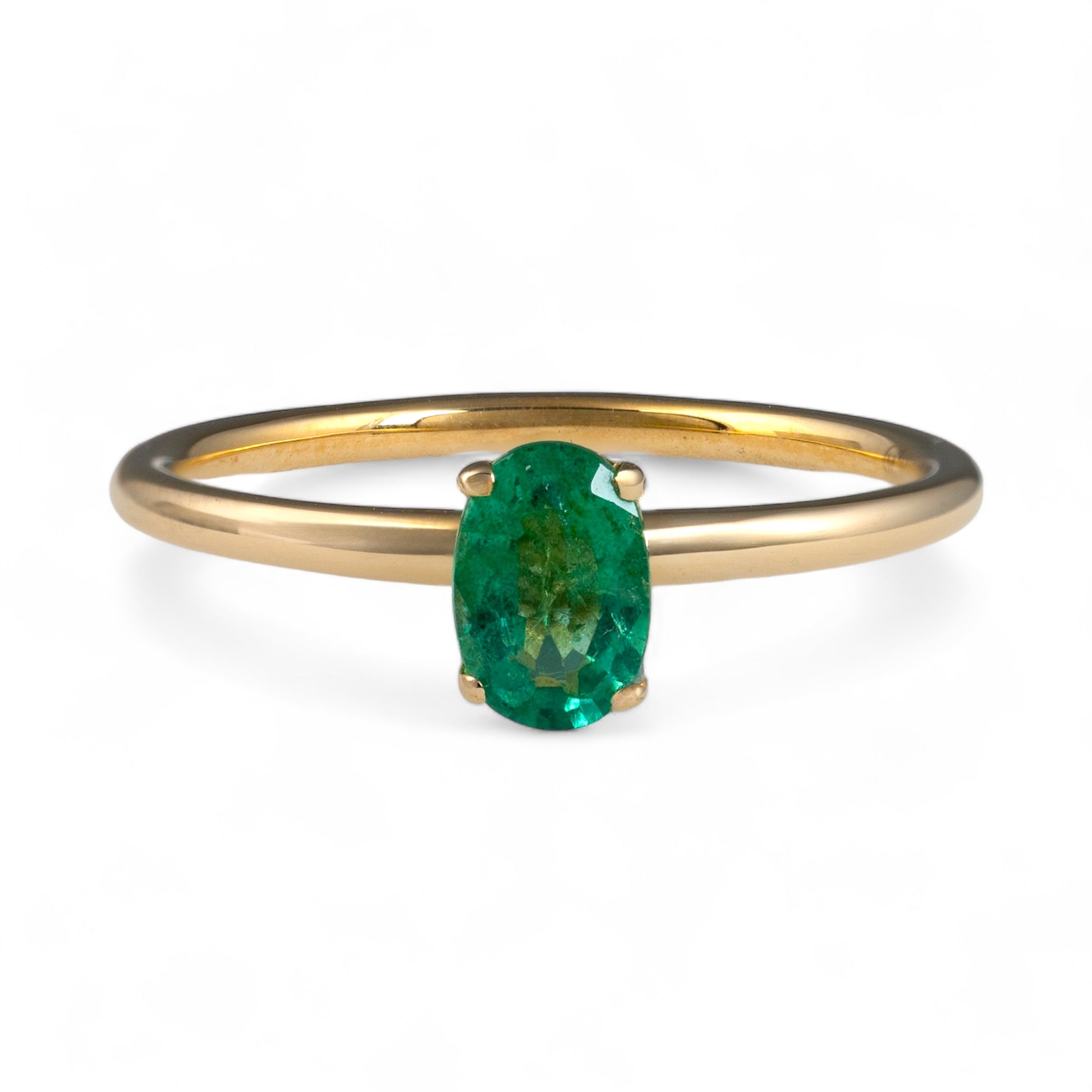 Emerald ring oval setting thin gold shank hunters fine jewellery 