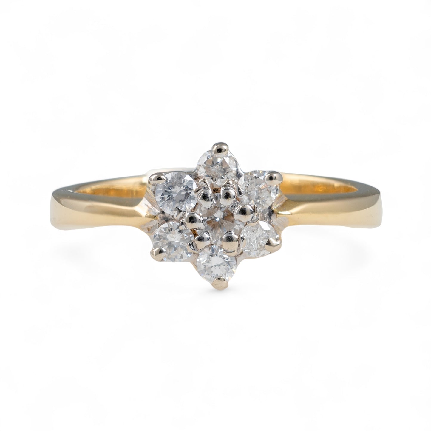 Diamond daisy cluster ring yellow gold shank 