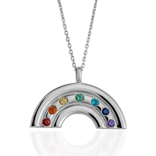 Silver rainbow colours necklace white background 