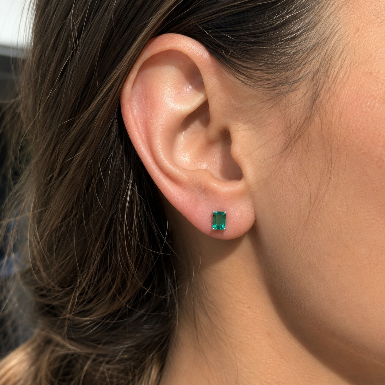 Lab Emerald Stud Earrings in Sterling Silver