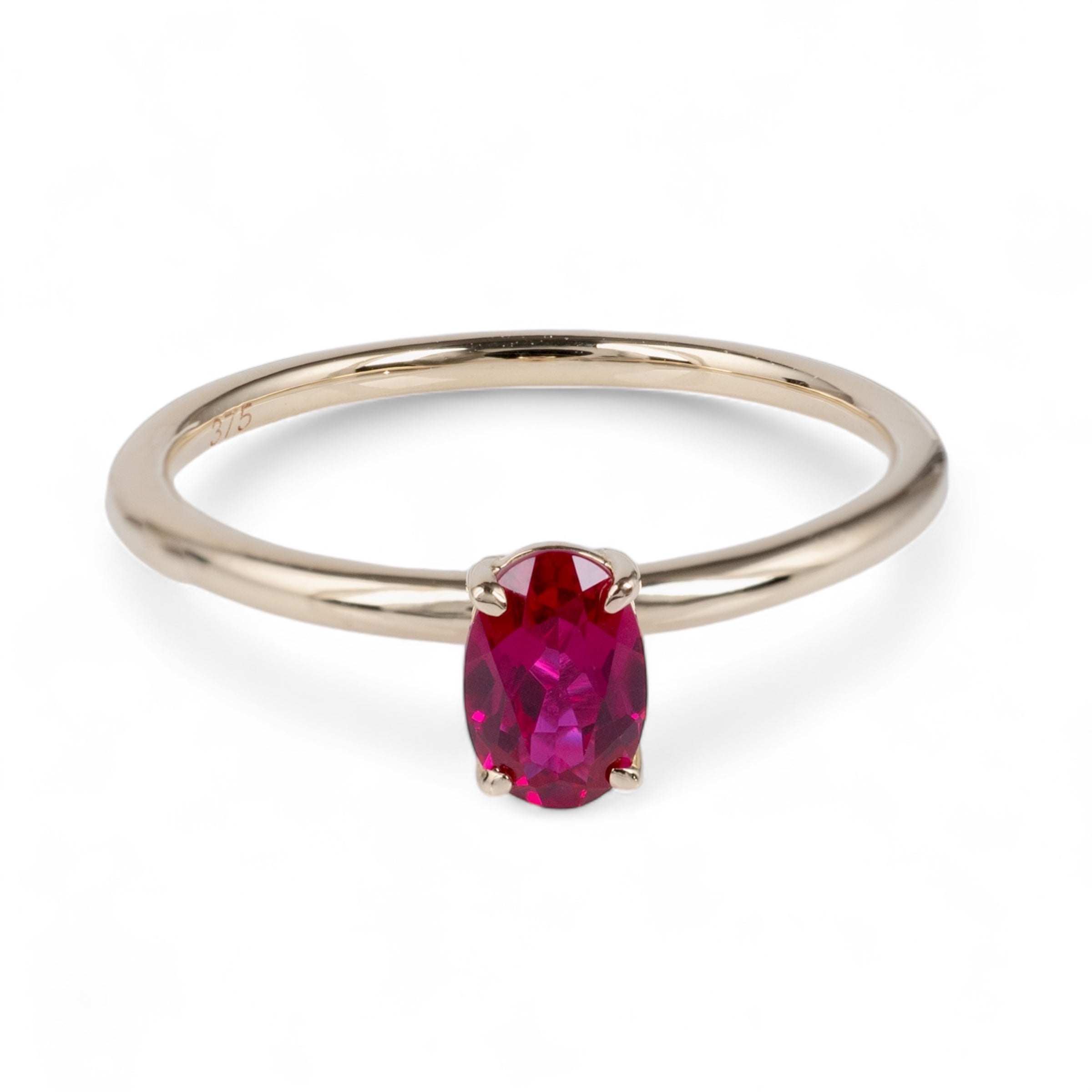 Lab Ruby Solitaire Ring - Yellow Gold Oval Design