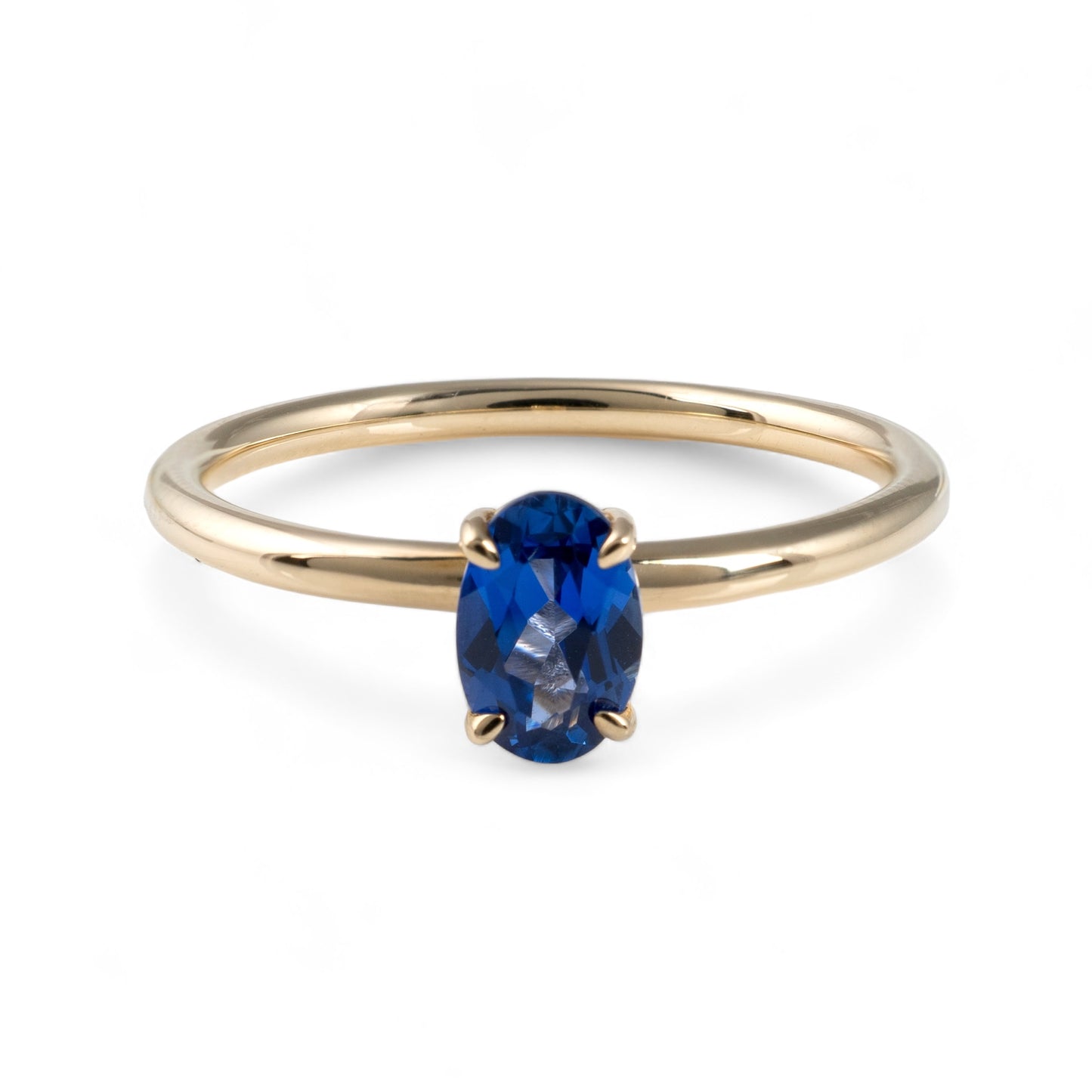 Lab sapphire solitaire ring yellow gold thin band hunters fine jewellery 