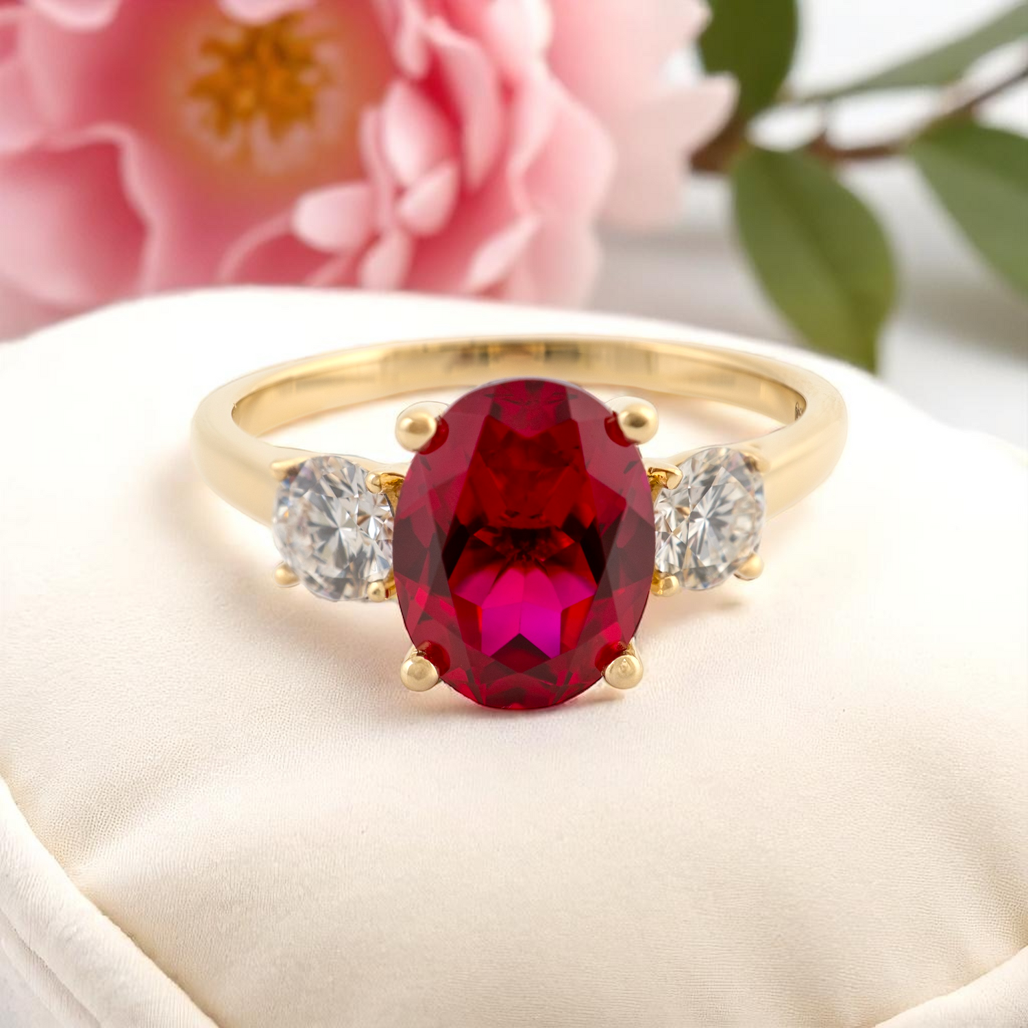 Lab grown ruby ring with diamonds in 9ct yellow gold, styled with pink flower background