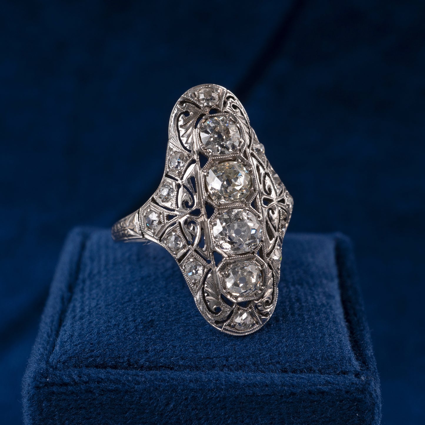 18ct Gold Art Deco Diamond Dinner Ring with Filigree Detail - Hunters Fine Jewellery