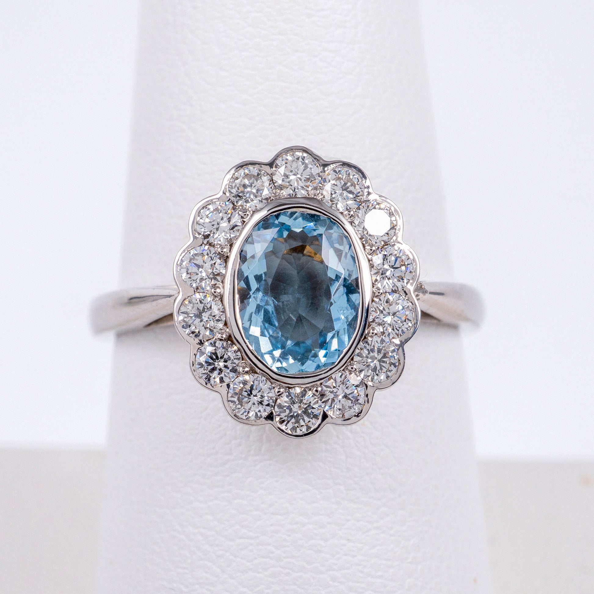 18K White Gold Art Deco Style Aquamarine & Diamond Halo Ring - Hunters Fine Jewellery