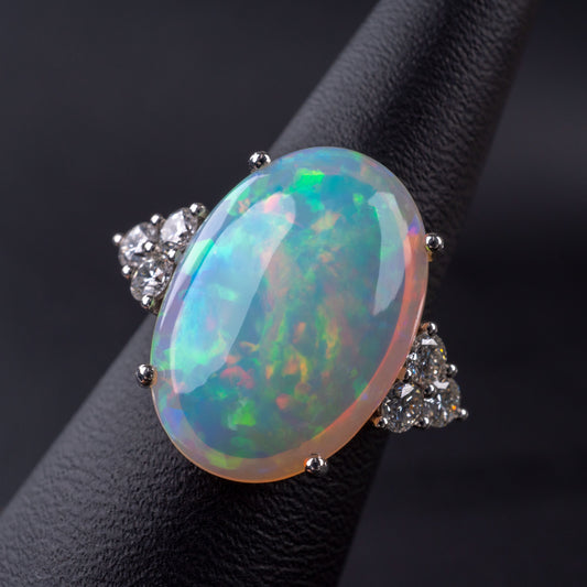 Fabulous Bespoke Opal Diamond Statement Ring 18k White Gold Hallmarked