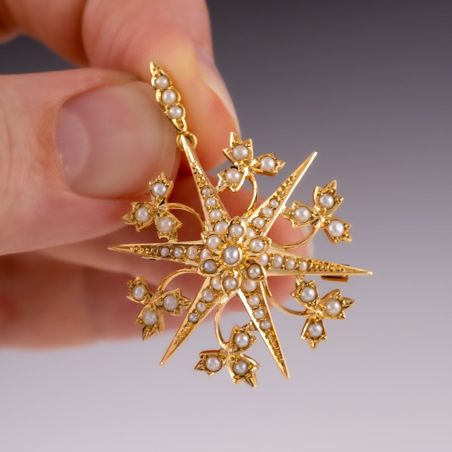 Antique 15ct Gold & Pearl Snowflake Pendant Brooch - Hunters Fine Jewellery