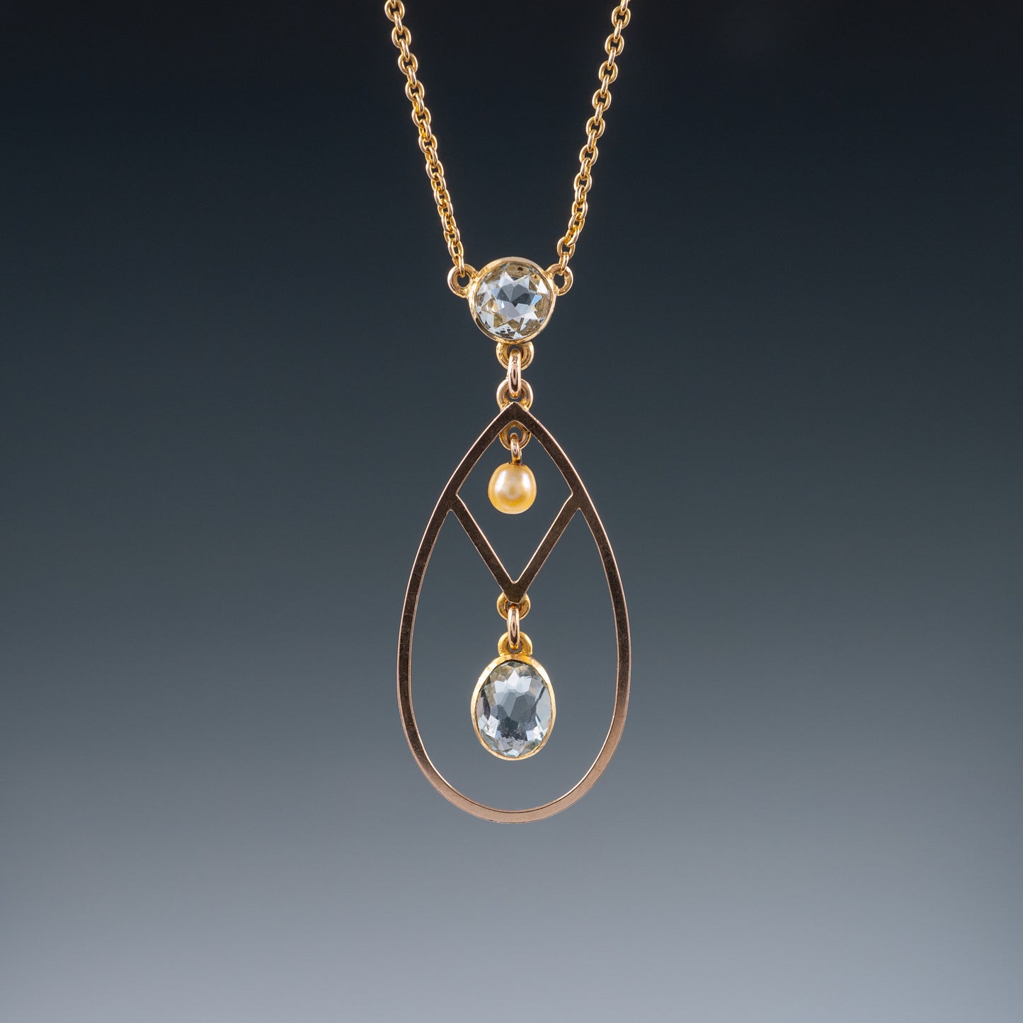 Antique 15ct Gold Aquamarine Pearl Necklace With Split Chain Circa 1920s - Hunters Fine Jewellery