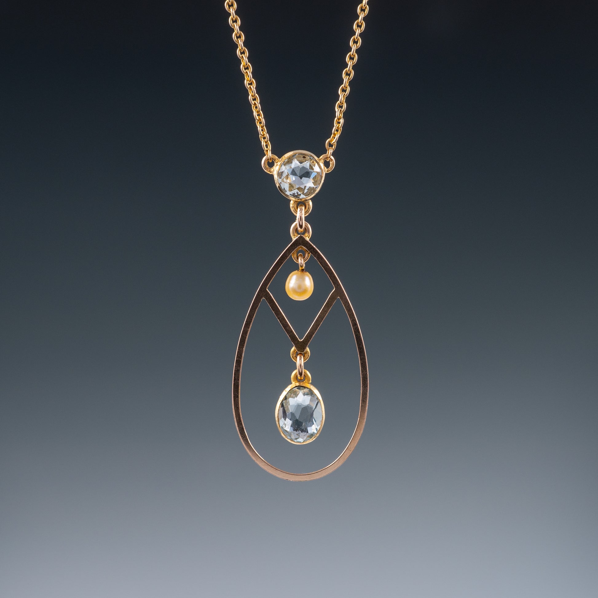 Antique 15ct Gold Aquamarine Pearl Necklace With Split Chain Circa 1920s - Hunters Fine Jewellery