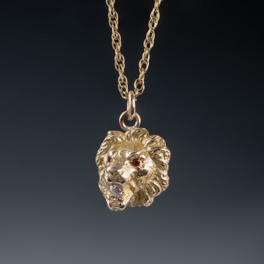 Antique Diamond Garnet Lion Head Pendant 14k Gold With Fancy Gold Chain