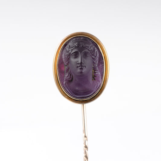 Antique Georgian Carved Amethyst Cameo Portrait Pin 14k Gold