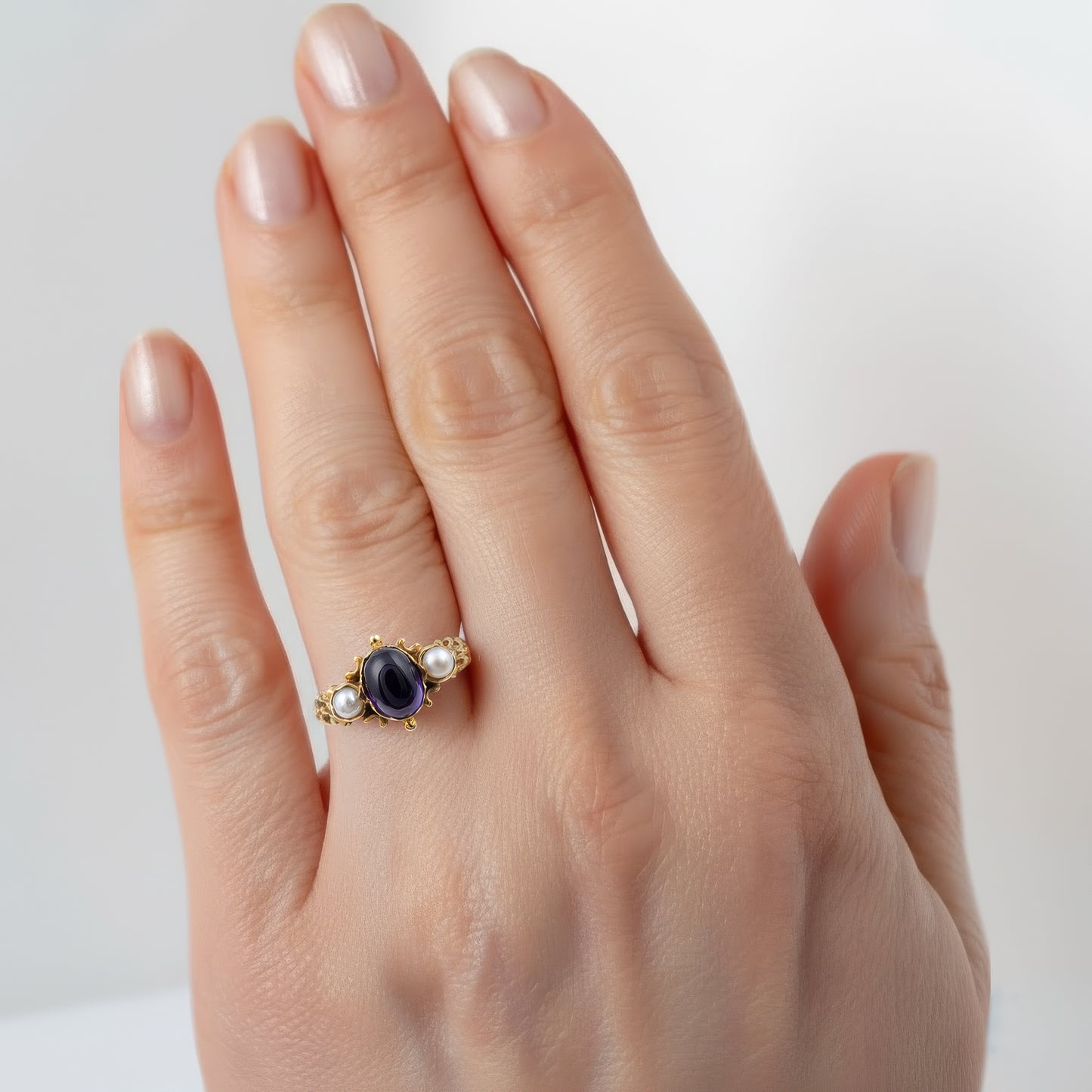 Pre-Owned 9ct Gold Amethyst Pearl Three Stone Ring
