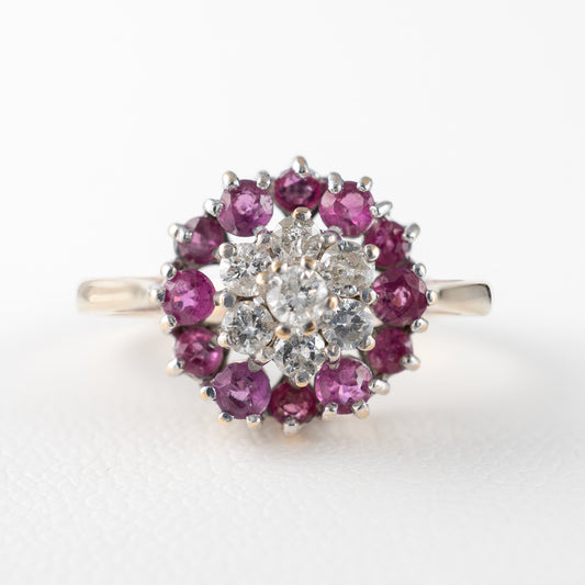 vintage ruby ring with diamond flower cluster
