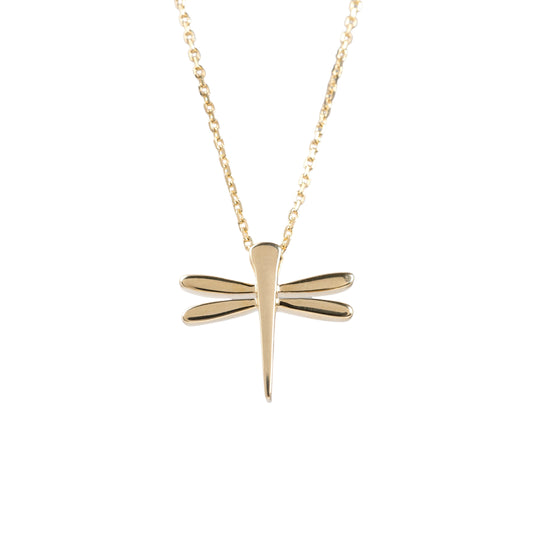 Minimalist gold dragonfly necklace pendant in 9ct yellow gold