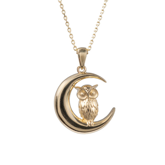 Gold Owl Necklace with Moon Crescent - Solid 9ct Yellow Gold