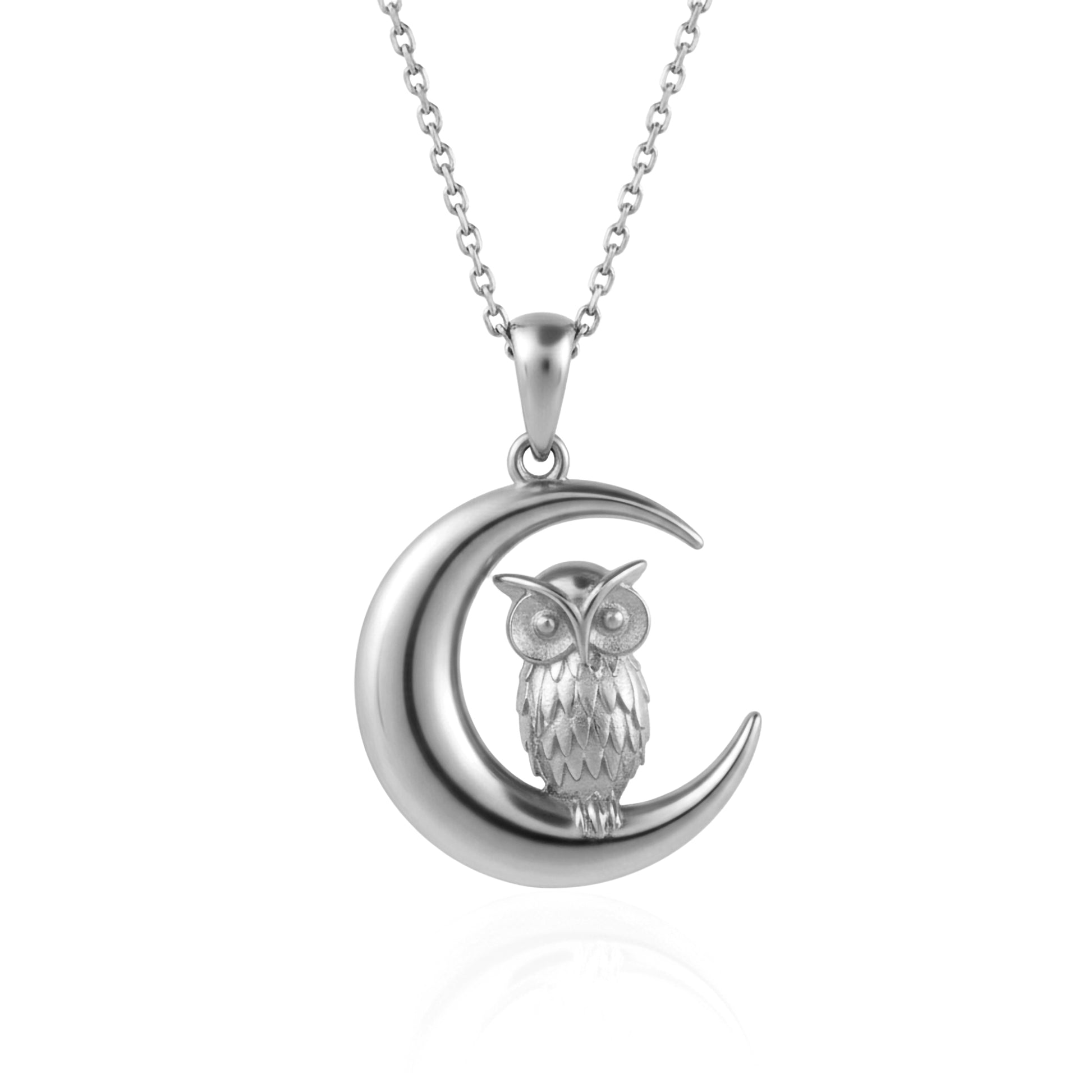 Silver owl necklace pendant on a crescent moon with a chain against a white background