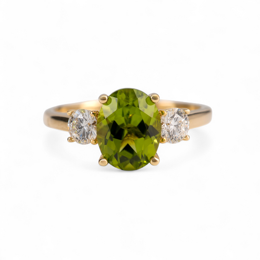 Natural Peridot Engagement Ring 9ct Yellow Gold Hallmarked with Diamonds