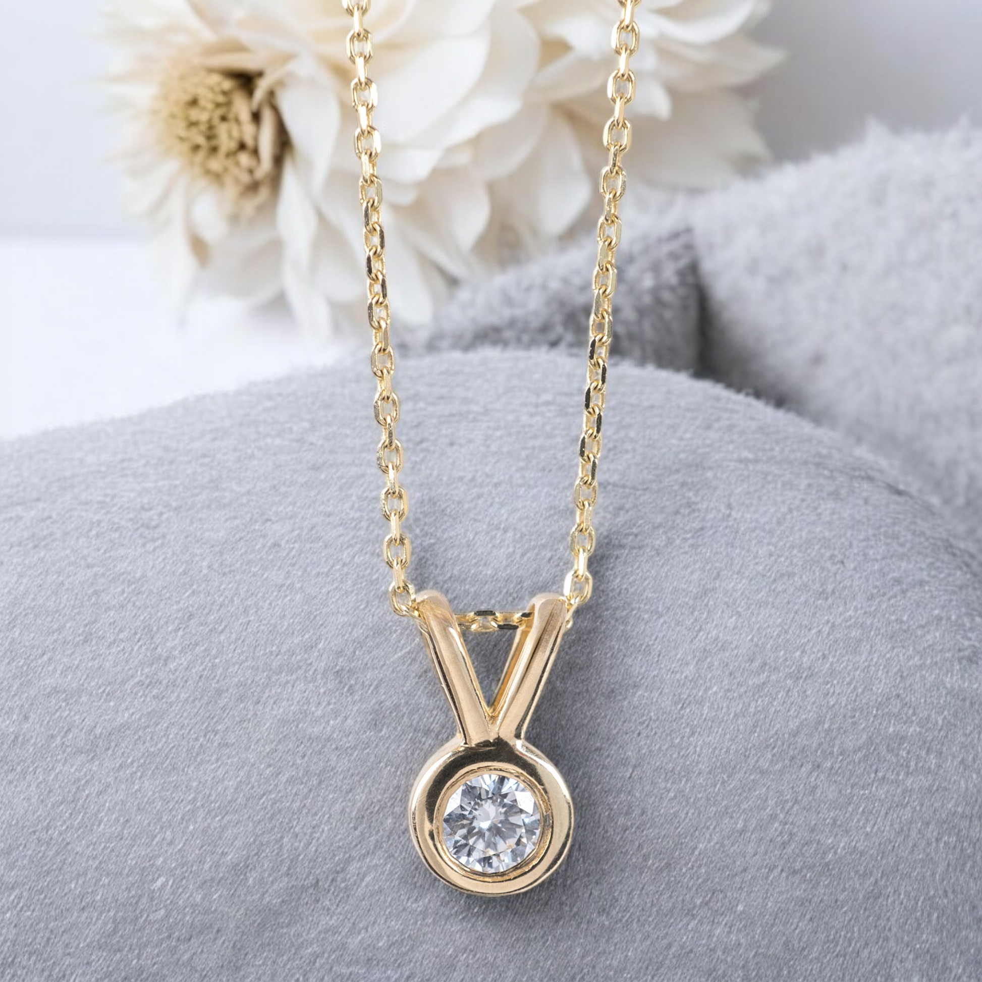 Petite 9ct yellow gold V-bale necklace with round lab-grown diamond pendant