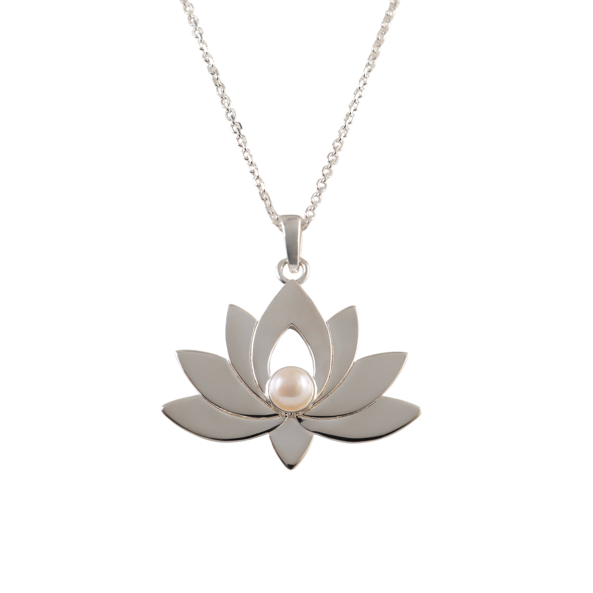 Sterling silver lotus flower necklace with freshwater pearl centre on chain