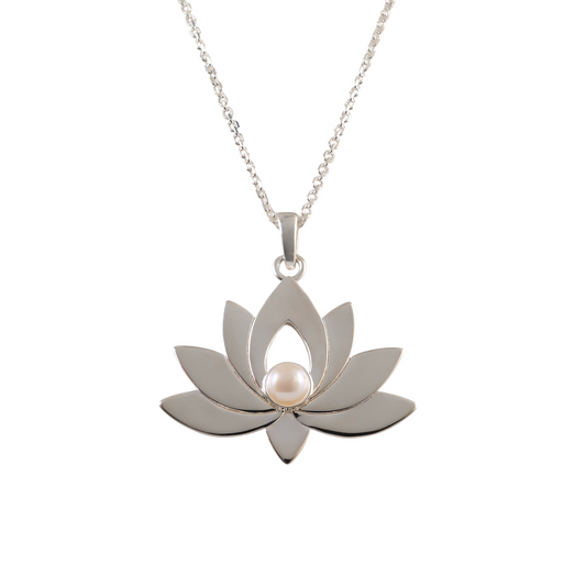 Sterling silver lotus flower necklace with freshwater pearl centre on chain