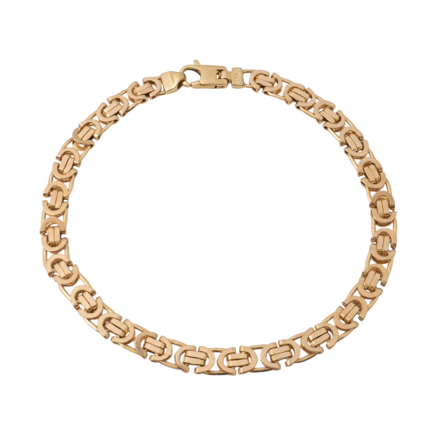 Pre-owned 9ct gold Byzantine bracelet for women, featuring fancy flat links and a lobster clasp, 8.7 inches in length, 12.4 grams