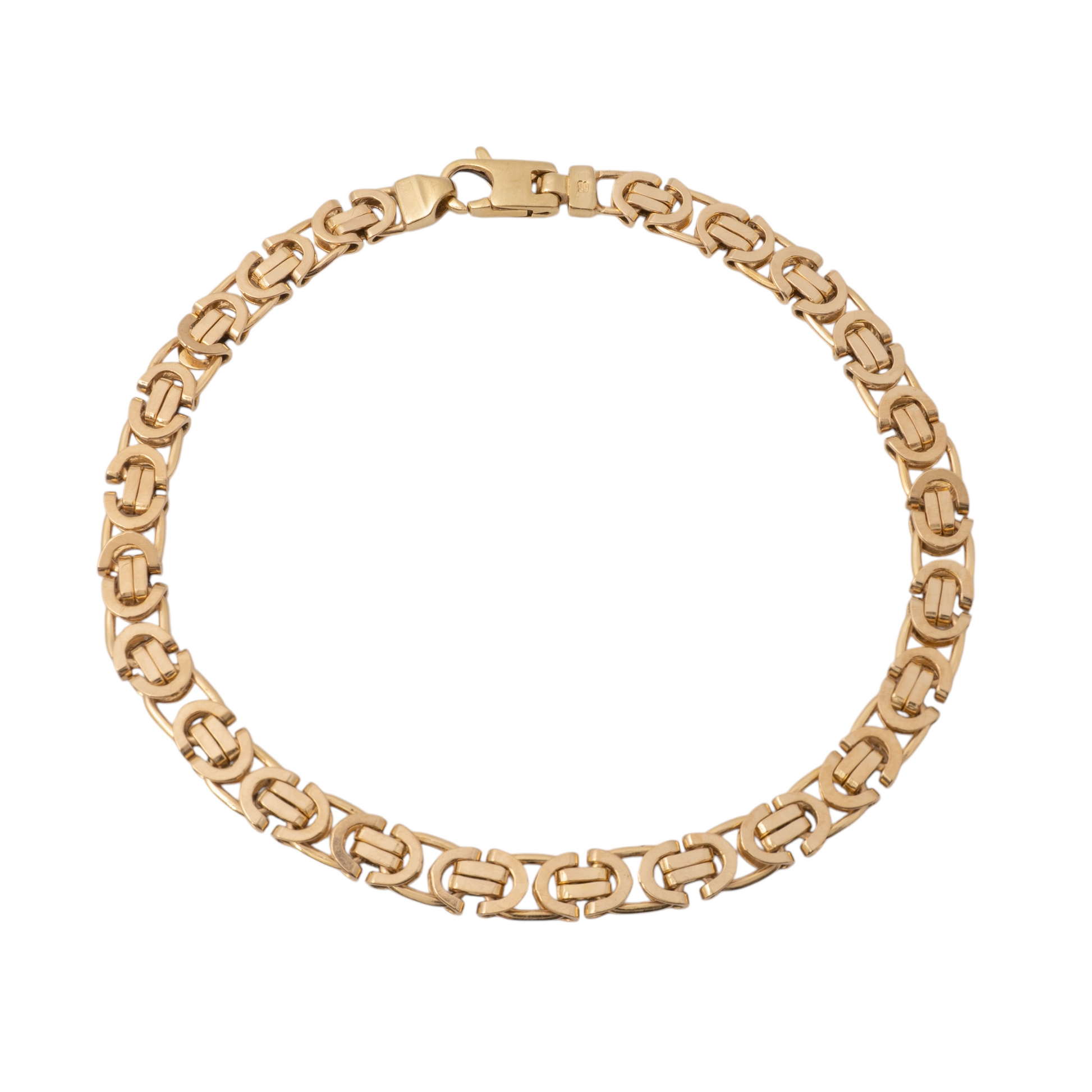 Pre-owned 9ct gold Byzantine bracelet for women, featuring fancy flat links and a lobster clasp, 8.7 inches in length, 12.4 grams