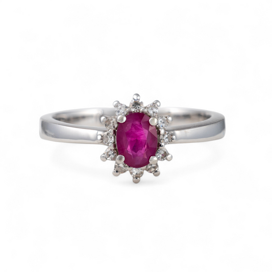 Ruby-Diamond-Halo-Ring-in-9Ct-White-Gold-Front-View hunters fine jewellery uk