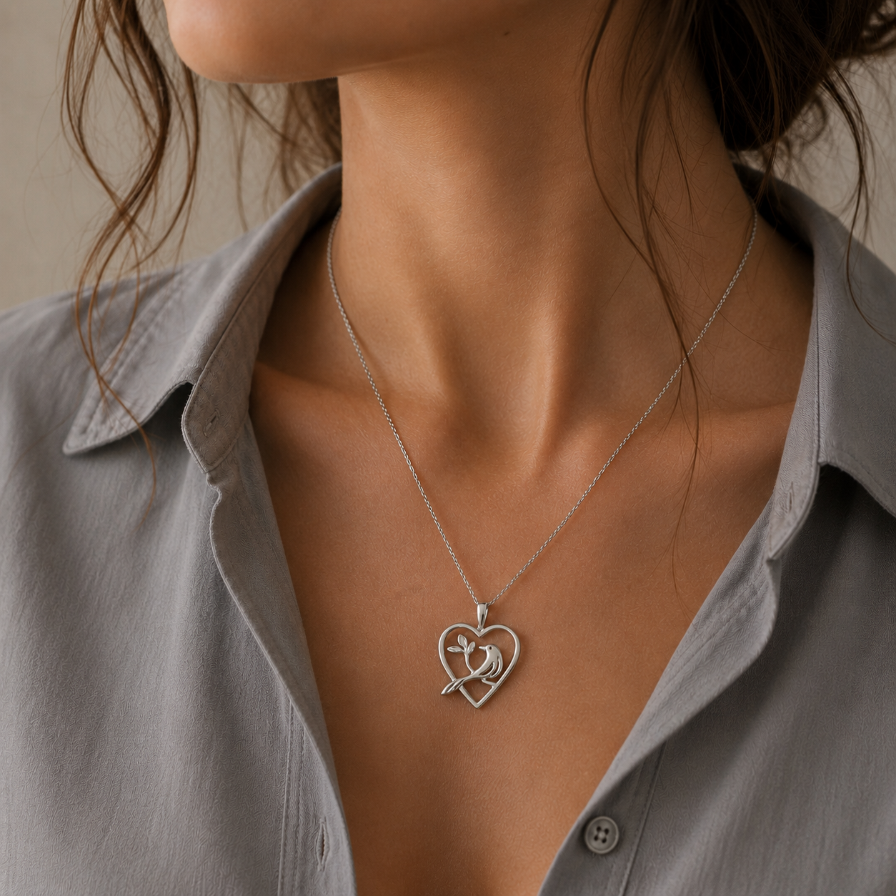 A close-up of a woman wearing a delicate silver necklace with a heart-shaped pendant featuring a small bird and arrow design, paired with a light gray button-down shirt.