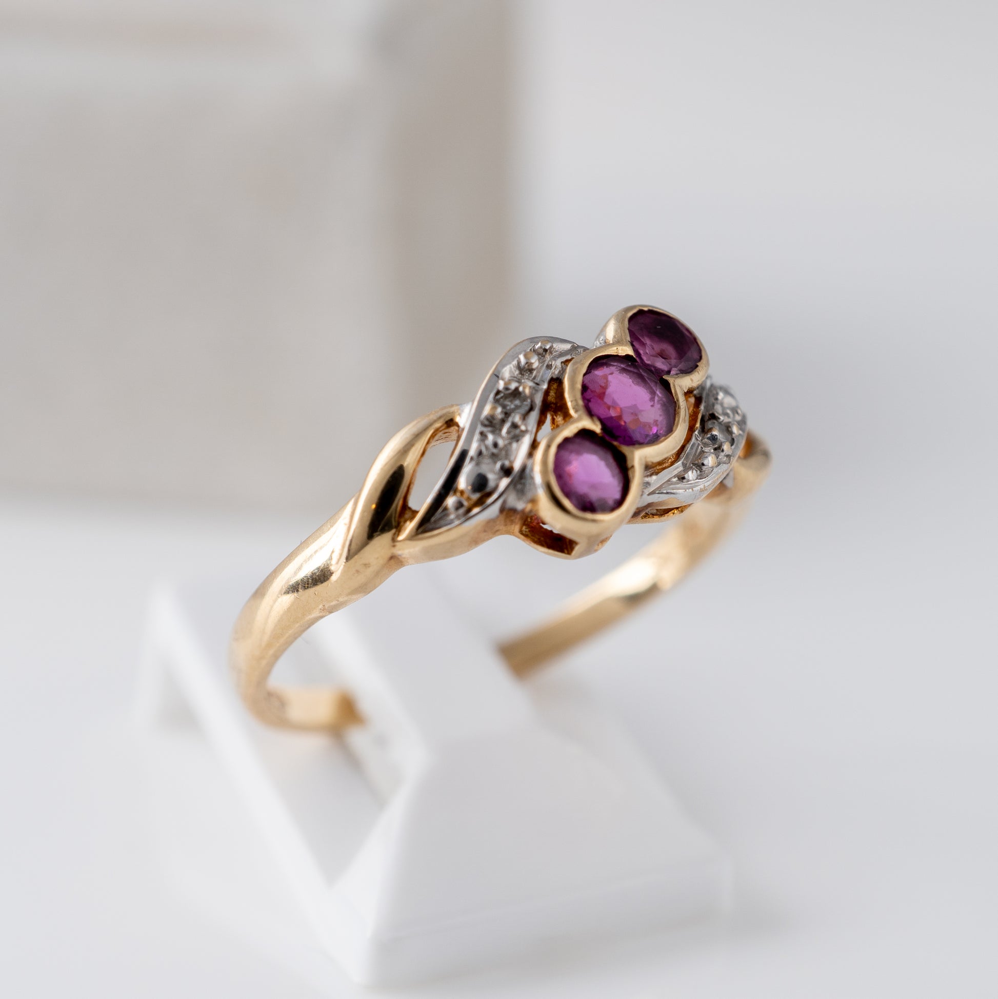 Side view of Vintage Ruby and Diamond Ring with 9ct Yellow Gold band