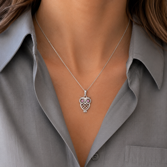 Silver Owl Pendant with Pink Moissanite