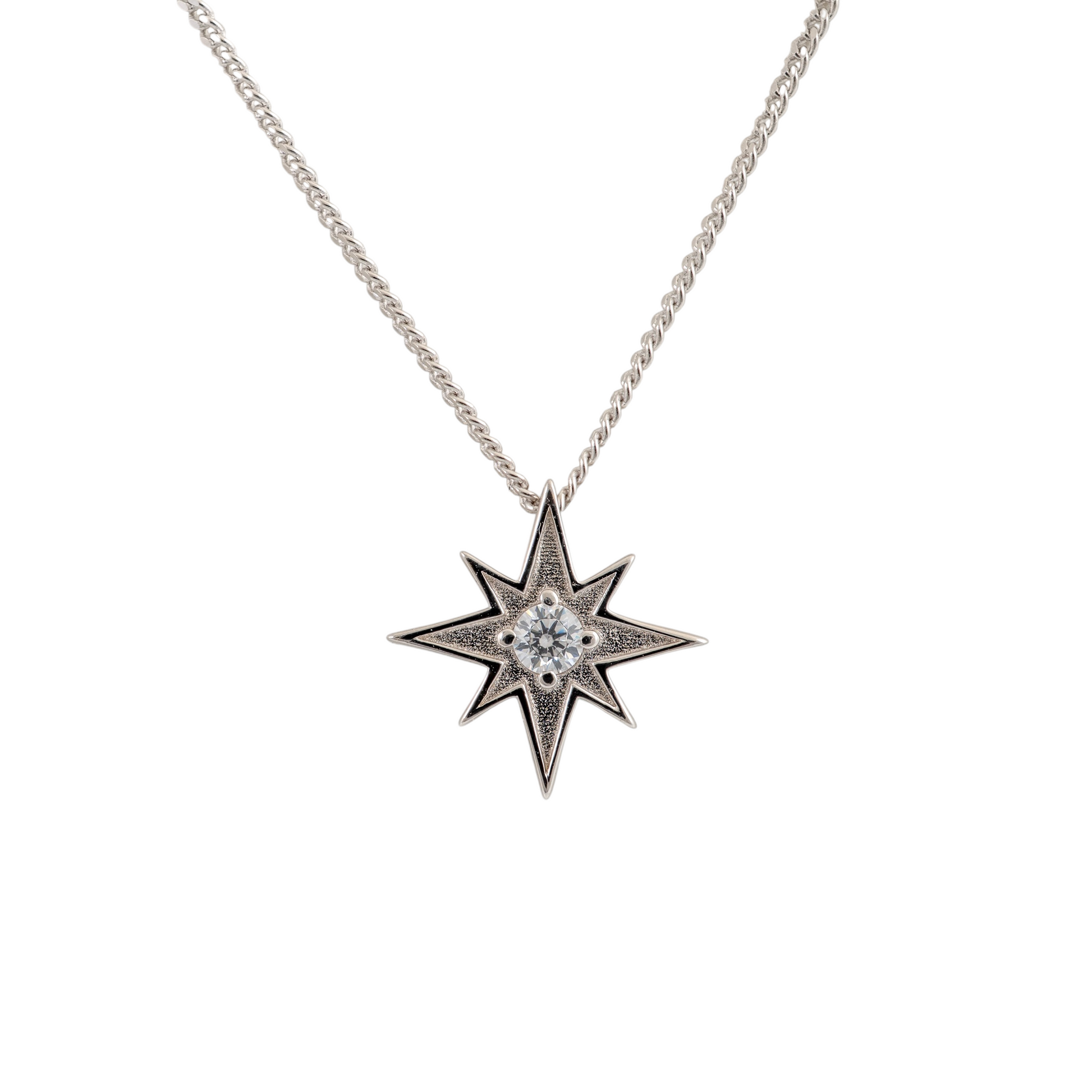 Silver North Star necklace with clear stone pendant on chain