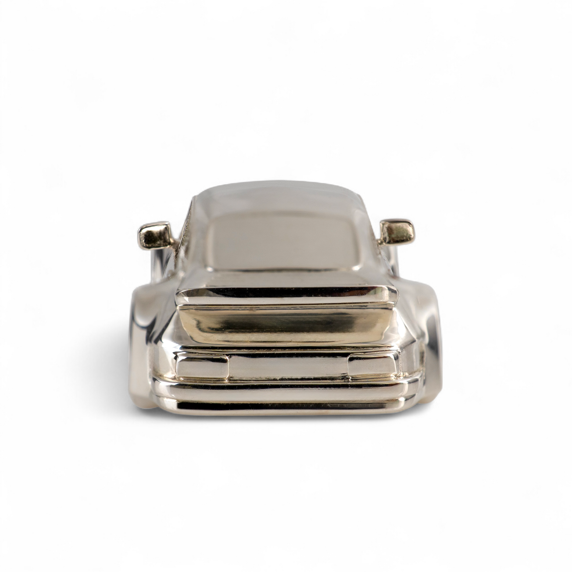 Rear view of sterling silver 911 miniature car showing detailed finish and classic Porsche lines