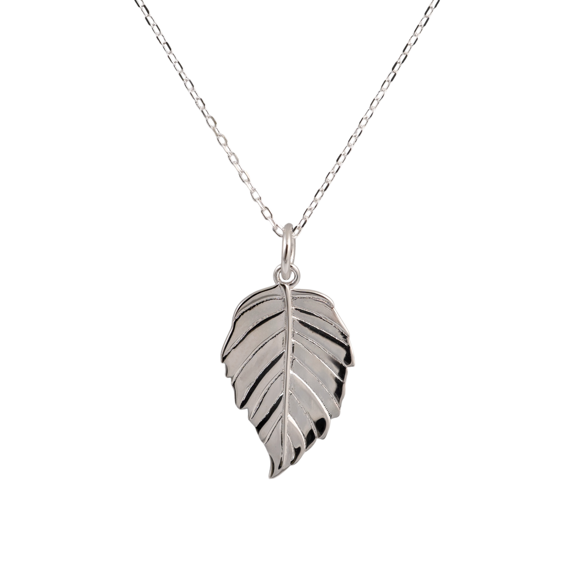 Silver leaf necklace pendant in polished 925 sterling silver white background