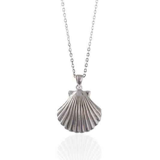 Front of silver scallop shell necklace in sterling silver