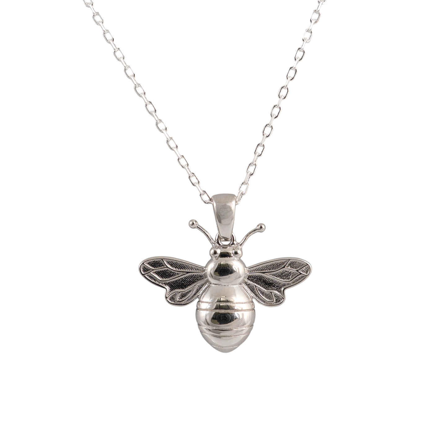 Silver bee pendant necklace front – polished 925 charm on chain