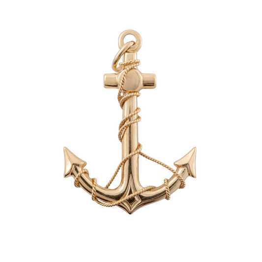 Solid 9ct gold anchor pendant with twisted rope detail, shown on a plain white background