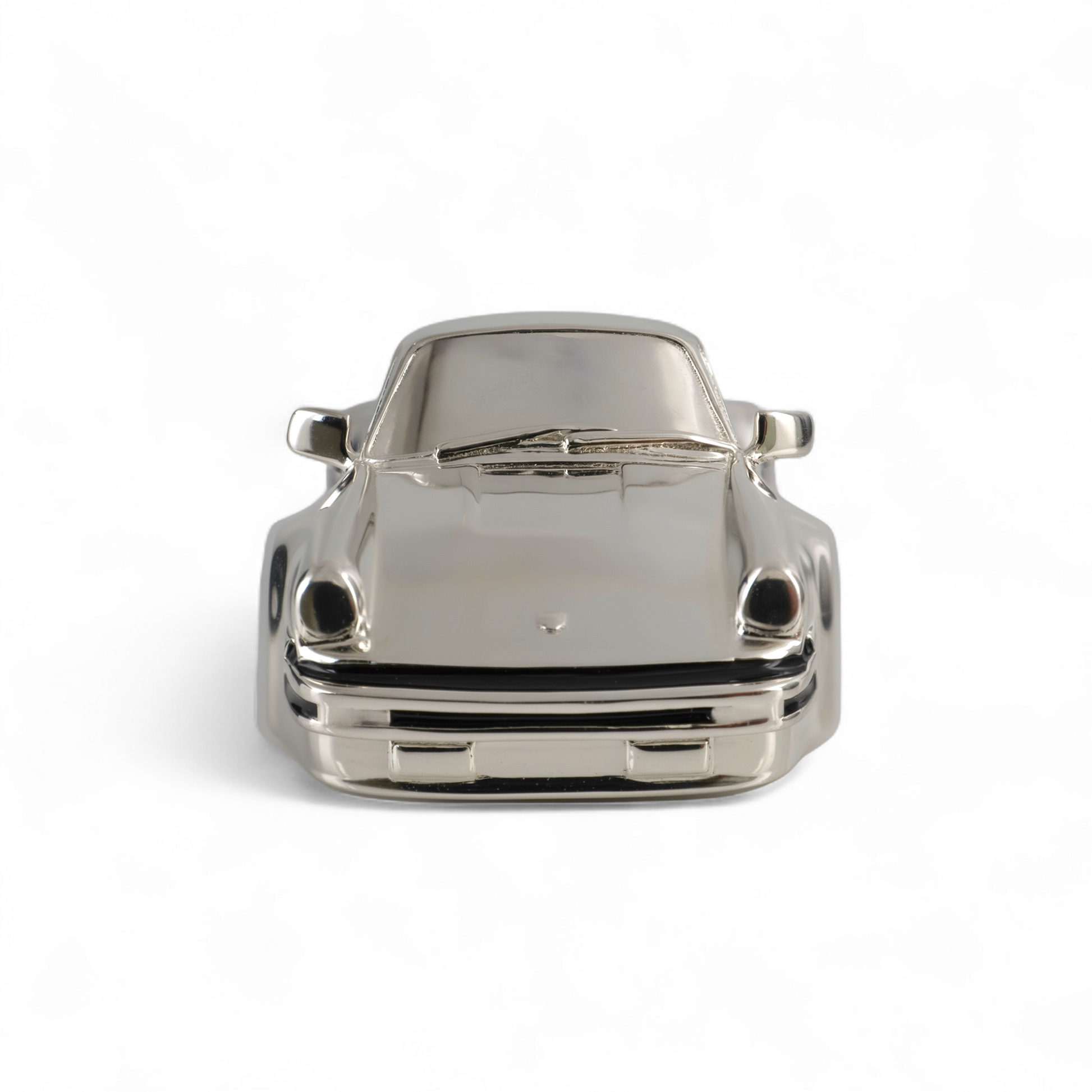 Front view of sterling silver Porsche 911 miniature car showing headlights and sleek automotive design