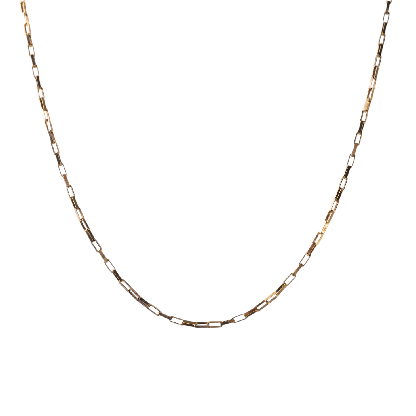 Vintage 9ct gold paperclip chain necklace on a white background